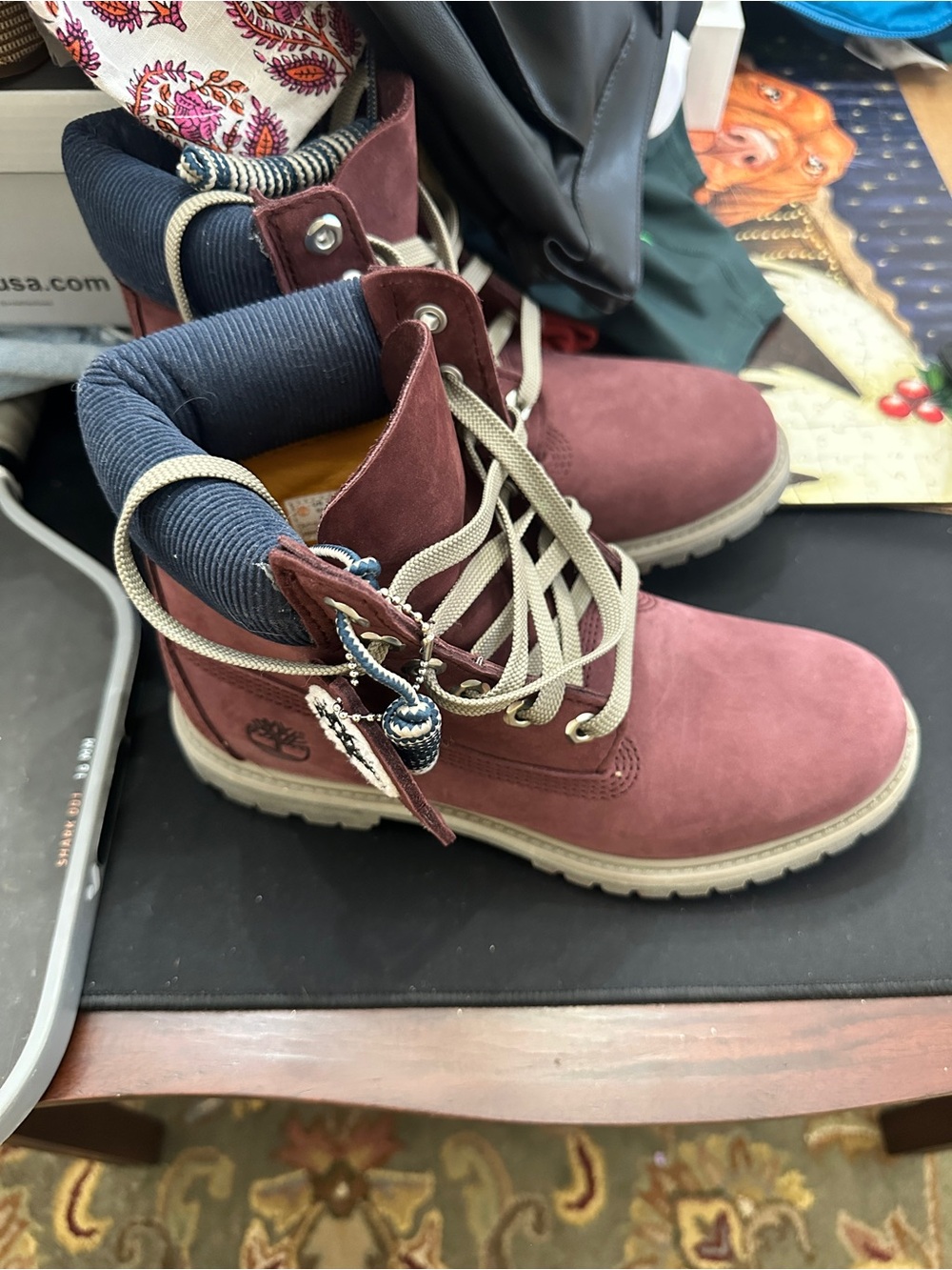Timberland Women's Burgundy Lace-Up Nubuck Boots with Navy Collar